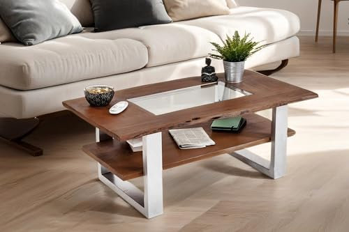 SAM Couchtisch 115x65 cm Patrick, Sofatisch mit Ablage und Glasplatte, Akazienholz massiv + nussbaumfarben, Beistelltisch mit silbernem U-Metallgestell, echte Baumkante