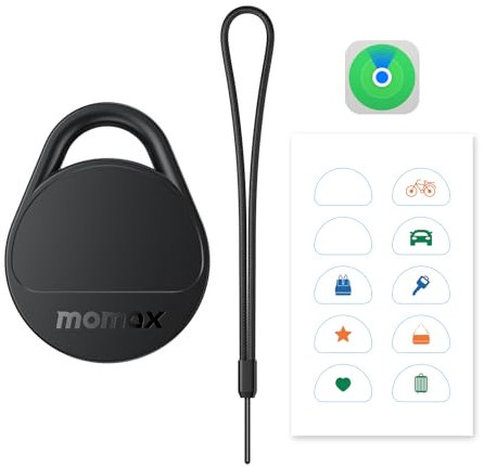 Momax Tracker Electronics Key Finder - Targhetta intelligente per chiavi, zaino, portafoglio, animali domestici, funziona con Apple Find My (solo iOS 18+) e gamma di ricerca globale (Black)