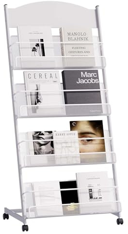 lesolar Floor-Standing Magazine Rack, 4-tier Newspaper Holder with Wheels