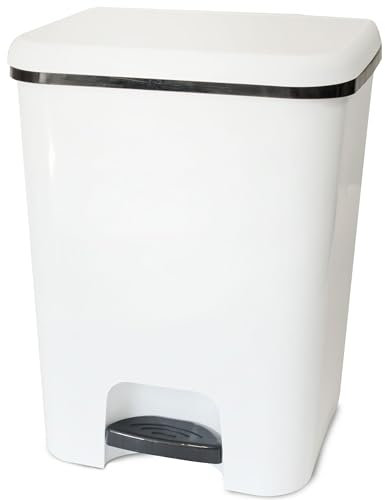 Hummelladen Poubelle à pédale carrée en plastique - 20 l - 31 x 28 x 40 cm - Blanc - Pédale d'ouverture et de fermeture - Poubelle de cuisine - Poubelle à pédale - Poubelle - Poubelle