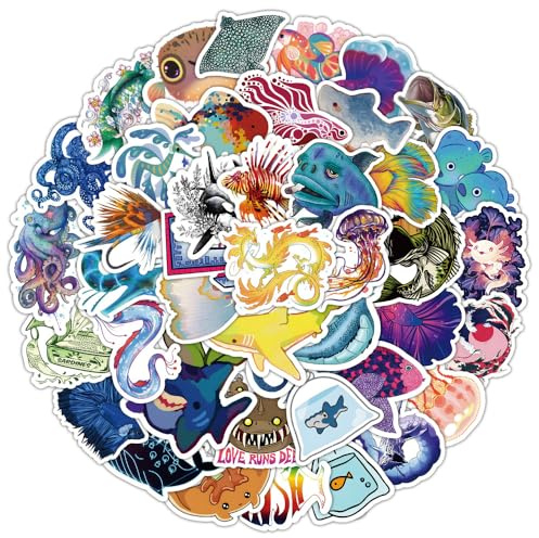 50 Bunte Fische Aufkleber - Ästhetische Vinyl Aufkleber für Wasserflasche, Laptop, Scrapbook, Tagebuch - Wasserdicht für Erwachsene und Jugendliche