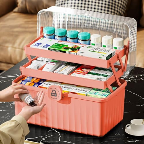MaxEarn 3 Layer Large Medicine Storage Box, Portable Medication Storage Box with Handles, Household Lockable Medical Box with Lid, Pink Medication Organizer Remedy Box, 32 x 18 x 22cm