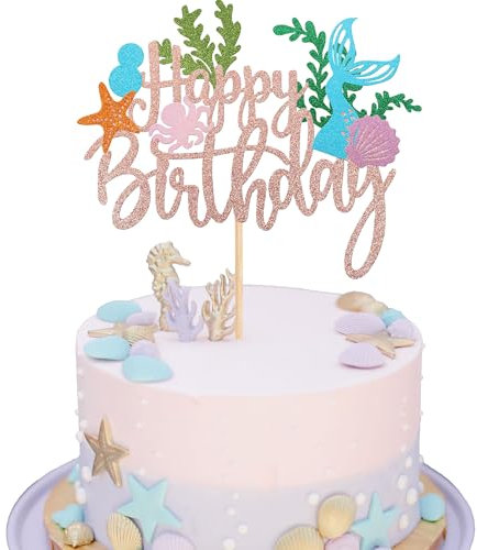Xsstarmi 1 Pack Mermaid Happy Birthday Cake Topper Glitter Seaweed Seashell Octopus Starfish Mermaid Cake Pick for Under the Sea Mermaid Theme Baby Shower Birthday Party Cake Decorations Rose Gold
