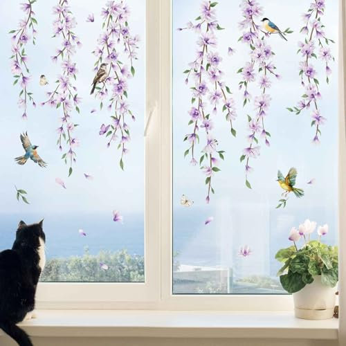 Summer Hanging Vine Flower Window Stickers Purple Floral Leaves Birds Window Decals Anti Collision Double-Side Static Window Clings for Home Store Window Glass Door Decoration