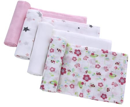 LAT Musselintücher für Babys, 70x80cm 4er Pack Mullwindeln Spucktücher Mulltücher 100% Baumwoll Weich und Atmungsaktiv für Neugeborene Mädchen und Jungen (Blume+Stern+Rosa+Weiß)