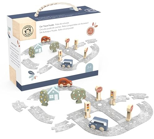 Speedy Monkey Car Track Jigsaw Puzzle, FSC Wood and Felt Track, Kids Gift | FSC sustainable wood, grey felt track and wooden figures, non-toxic paint, jigsaw board for kids