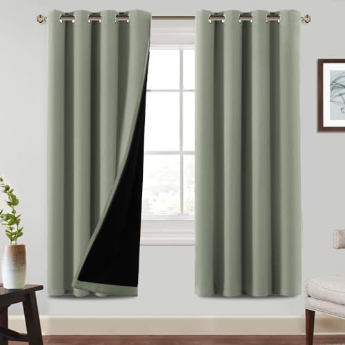 BellaHills 100% Blickdichte Vorhänge mit Ösen Gardienen 2er Set Wärmeisolierende Vorhänge Wohnzimmer Thermovorhang gegen Kälte Verdunkelungsvorhang, H 214 x B 132 cm, Salbei hell