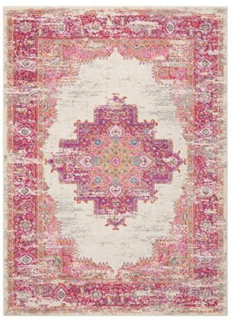 bedding mill Ivory Fuschia Rug, Easy to Clean Floral Rug, Stain-Resistant Luxurious Rug, Persian Rug, Ivory Fuschia Traditional Rug for Bedroom, Living Room, & Dining Room-201cm X 290cm
