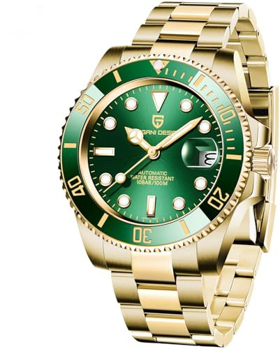 Pagani Design Herren automatische mechanische Uhr, 40mm Zifferblatt, Japanisches Uhrwerk NH35 100m wasserdicht, Datum, Edelstahlarmband (Gold Grün)