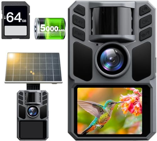 FKPCAM Trail Camera 4K 64MP with 5000mAh Rechargeable Battery 64GB Micro Memory Card IP67 Waterproof, Night Vision, Motion Activated, Solar Powered Wildlife Hunting Camera for Outdoor