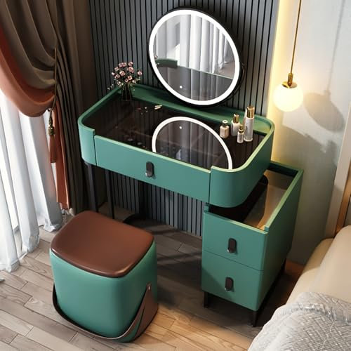 Schminktisch-Kommode mit Spiegel und Lampe, moderner Schminktisch mit Aufbewahrungsschubladen, 3 einstellbaren Helligkeits-Beleuchtungsmodi, Schlafzimmer-Frisiertische for Mädche(Green,70cm/27.5in)