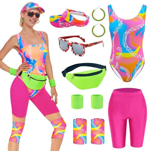 TOLOYE 80er Jahre Workout Kostüm, 80er 90er Jahre Outfit mit Retro Zubehör, 80er Bauchtasche Sonnenbrille, 80er Trainingsanzug, 80er Sportbekleidung Bekleidung für Herren Damen (Damen, XL)