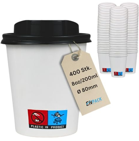 Enpack Weiße Pappbecher mit Deckel 200 ml aus Kraftpapier 400 Stück - Kaffeebecher to go zum servieren von Tee, Kaffee, Glühwein oder anderen Getränken - Coffee To Go Becher
