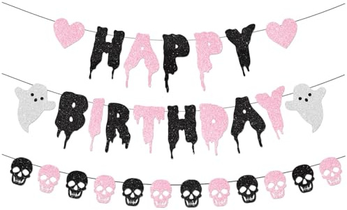 Glitzer Halloween Geburtstagsbanner, Happy Birthday Banner, Schwarze Herz Totenkopf Girlande, Glitzerschrift Geburtstage Girlande, für Dekoration für Halloween Geburtstagsfeiern (Rosa)