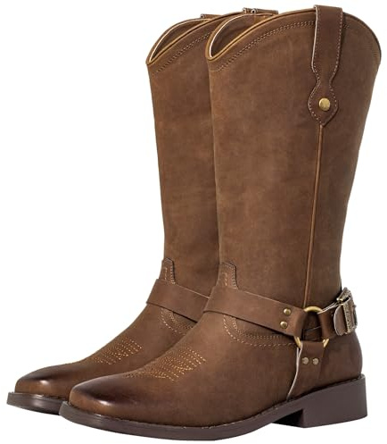 J's.o.l.e Modische Cowboystiefel für Damen, mit Schnallenriemen, breite Wade, quadratischer Zehenbereich, Westernreitstiefel, Cowgirl-Stiefel