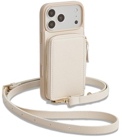 CUSTYPE Für iPhone 17 Pro Hülle mit Geldbörse & Kartenfach, Mikrofaserleder Handykette, mit Schulterriemen Beige 6,3''