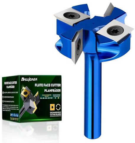BALUGAEA Planfräser 8mm schaft 38,1mm Schnittdurchmesser Wendeplattenfräser | Leichter Aluminiumkörper mit 4 Stück Hartmetall-Wendeplatten für Oberfräsen und CNC-Fräsen in Holz und MDF.
