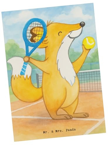 Mr. & Mrs. Panda Postkarte Fuchs Tennis spielen Design - Geschenk, Ansichtskarten, Tennisclub, Grußkarte, Gewinn, Postkarten, Turnier, Ballsportart, bildkarte, Ansichtskarte, Tennisverein