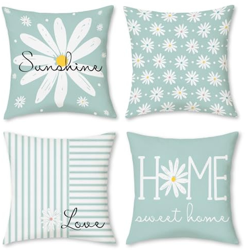 Hopomoon 4er Set Kissenbezug 45x45 cm Mintblau Gänseblümchen Dekokissen Weicher Kurzplüsch Zierkissen Blumen Streifen Landhausstil für Sofa Wohnzimmer Balkon Terrasse Ostern Deko ohne Füllung