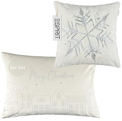 Esprit Weihnachtskissen weiß 2er Set – Kissenbezug Weihnachten Samtoptik Schneeflocke & Merry Christmas – 1x Deko Kissenhülle 40x40 & 1x 40x60 cm, kuschelig, weich, für Sofa & als Geschenkidee