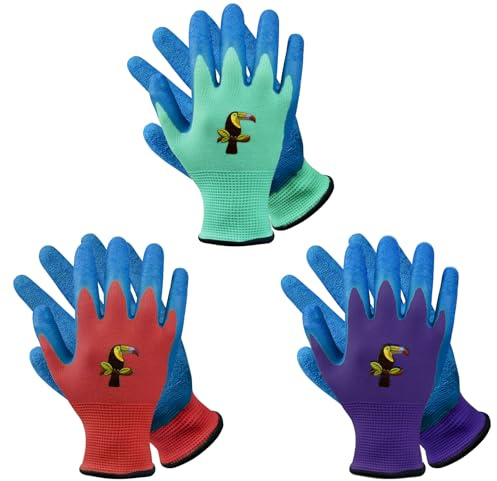 Donfri 3 Paar Kinder Gartenhandschuhe Latex Rutschfest Arbeit (2-5 Jahre) | Naturlatex, EN ISO 21420, 13-Gauge Atmungsaktiv, Garten, DIY, Camping, Pflanzen, Harken, Heimwerken und Abenteuer im Freien