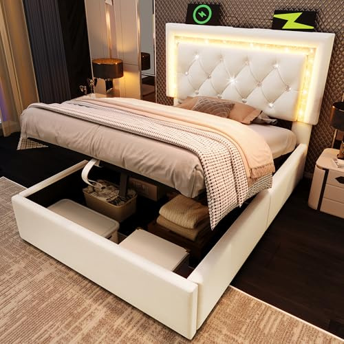 RIAZOS Polsterbett 90x200 cm, Einzelbett mit Hydraulischem Stauraum, Kopfteil mit LED USB & Type-C Ladestation, Erwachsenenbett, Bettgestell mit Lattenrost, Samt, Beige, ohne Matratze