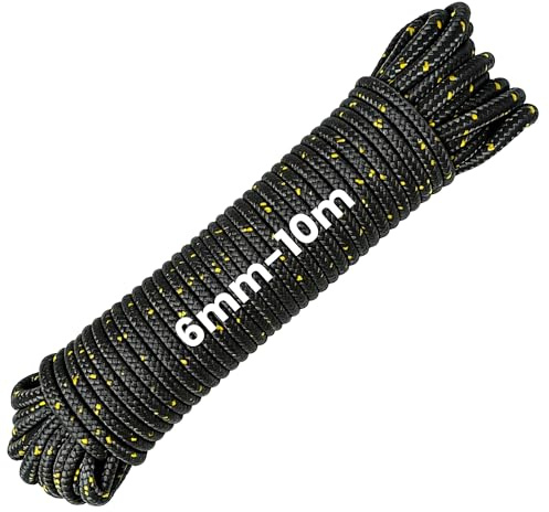 I IHAYNER Polyester Seil geflochten Tauwerk Outdoor Schnur Leine wetterfest wasserabweisend für Garten Camping Boot Haushalt Verschiedene Stärken und Längen (Schwarz, 6mm-10m)