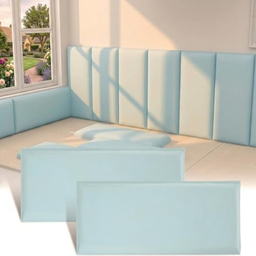POPETPOP 8Pcs Upholstered Wall Panels: 50 x 20cm Anti-Collision 3D Wall Padding Thickened - Shockproof Headboard Stickers Self-Adhesive for Kids Baby Nursery for Playroom Dojo Bedroom, Blue