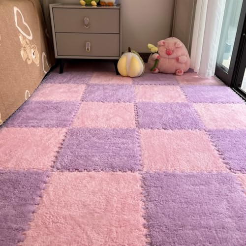 YXMaoYi 12Pcs Interlocking Carpet Tiles - Plush Foam Puzzle Floor Mats Fluffy Soft Rug Squares Non Slip Cuttable Protective Flooring for Bedroom Living Room Playroom Tatami Bedside (Pink+purple)