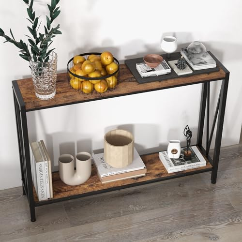 GarveeMore Konsolentische Schmal, 2 Ablagen Flurtisch Regal hinter Sofa, | Sofatisch 25 cm Breite Beistelltisch Flur Wohnzimmer Schlafzimmer Eingangsbereich, Einfache Montage & Mehr Stauraum, Braun