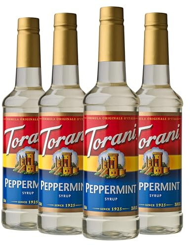Torani Coffee Syrup, Peppermint Flavour (Pack of 4 x 750ml) | Cane Sugar Drink Flavouring for Lattes, Iced Coffee & Hot Drinks, Vegetarian Friendly