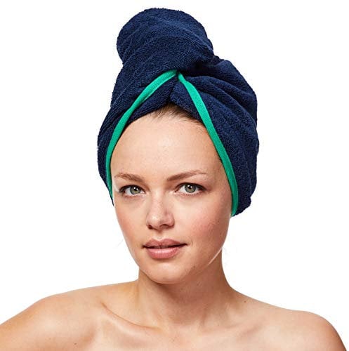 Sowel® Haarturban aus 100% Bio-Baumwolle, Turban Handtuch mit Knopf, Damen und Herren, Navy/Grün