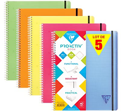 Clairefontaine 328175C Linicolor Lot de 5 Cahiers Proactiv'Book- A4+ 22,5x29,7 - 160 Pages Perforées 4 Trous Petits Carreaux avec Marge- Papier Blanc 90g - Couverture Polypro - Couleurs Aléatoires