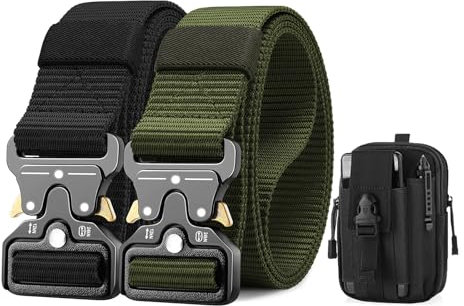 BESTKEE 2er Taktischer Gürtel, 3.8cm Gürtel Herren, Hochleistungsgürtel mit Schnellverschluss-Metallschnalle, Militär Wandern Arbeitgürtel, Geschenk mit Taktischem Molle-Beutel