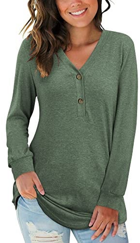 AUSELILY Women's Long Sleeve Tops V-Neck Jumpers Causal Button Down Sweatshirts Loose Henley T Shirt Blouse(Army Green,S)