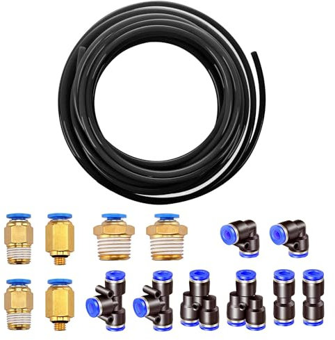 HUAZIZ 10m PolyuréthaneTuyau Pneumatique 6mm Noir, PU Tuyau Air, avec 14 Connecteur Pneumatique 4mm (2 Droits, 2 Coudes, 2 Raccords en T, 2 Séparateurs en Y, 6 Raccords Filetés Mâle)