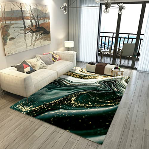Schwarz Gold Marmor Teppich Grün Ölgemälde Abstrakt Teppich Wohnzimmer Nordischen Stil 3D Teppich Junge Mädchen Schlafzimmer Stuhl Matte Balkon Carpet Korridor Rug (160x200 cm, Grün)