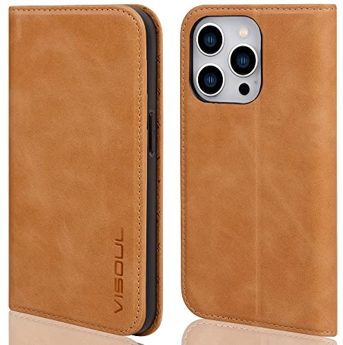 VISOUL Hülle für iPhone 14 Pro Max,Handyhülle Erstklassiges Echtleder Schützt vor Stoß Kartenfach Magnet Standfunktion und TPU Schutzhülle Lederhülle Gelb