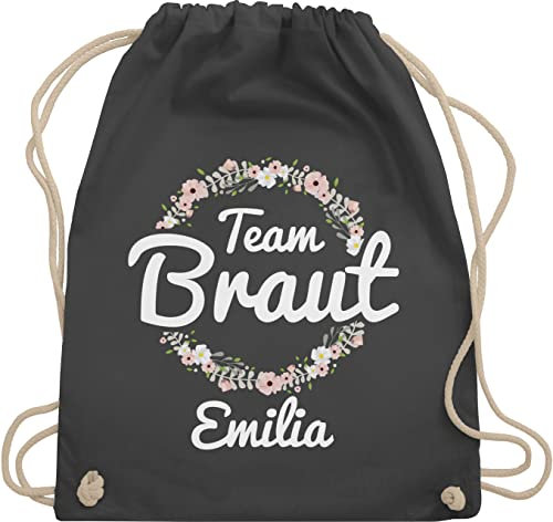 Turnbeutel Rucksack personalisiert - JGA Junggesellenabschied - Team Braut Blumenkranz Crew Bride Tribe - Unisize - Dunkelgrau - beutel junggesellinnenabschied mit kordelzug baumwolle