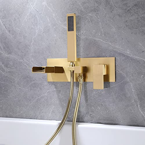 XJTNLB Badewannenarmatur Schwarz Wasserfall mit Brause Schwarz Wandmontiert Einhebelmischbatterie Armatur Badewanne Dusche,Gebürstetes Gold