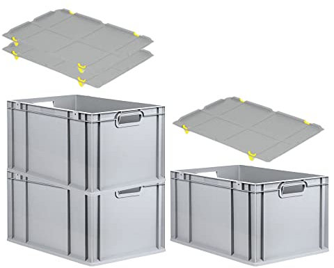 PROREGAL SuperSparSet 3x Eurobox NextGen Grip mit Auflagedeckel & 4 gelben Schiebeschnappverschlüssen, HxBxT 32x40x60cm, 65 L, Grau, Griffe offen, Eurobehälter, Transportbox