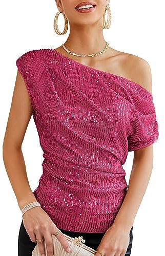 GRACE KARIN Damen Elegant Pailletten Top Glitzer Party Oberteil Festliche Blusen zur Hochzeit, Farbe: Rosarot, Größe: M
