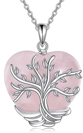 HUKKUN Tree of Life Necklace Sterling Silver Rose Quartz Tree of Life Pendant Necklace Tree of Life Jewellery Gifts for Women