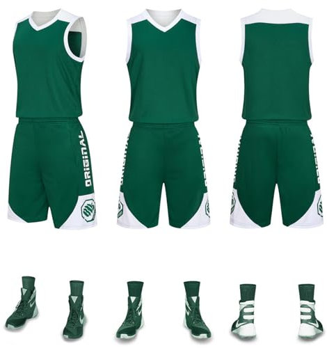 HULG Basketball-Anzüge,modisches Basketball-Trikot,Kinder/Erwachsene,2-teiliges Basketball-Performance-Tanktop Und Shorts-Set,Basketball-Trikot-Set Mit Taschen (Green,XS)