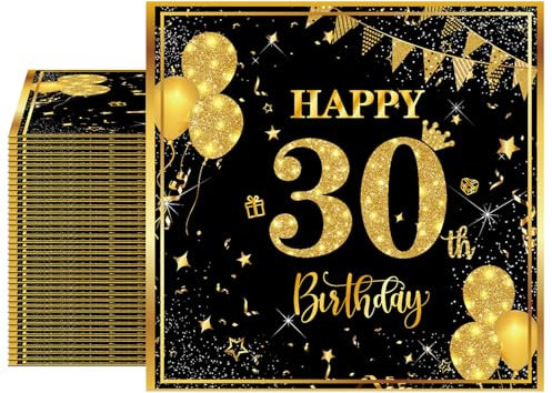 Papierservietten zum 30. Geburtstag für ihn, 40 Stück, Schwarz und Gold, Einweg-Papierservietten für Hochzeitstag, 30. Geburtstag, Dekorationen