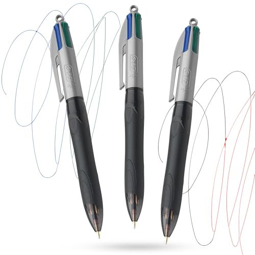 BIC 4 Color Grip Pro Pen Kunststoffschaft, 1,0 mm, Multi-Stift, vier Tintenfarben in einem, glattes Schreiben, Multi-Stift, 10,2 cm (4 Zoll), mit Clip und Loch für Umhängeband, für Studenten und