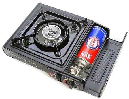 Butane Gas Stove + 4 Butane Cans Portable Cooker in Carry Case 2 4 8 12 Gas Bottles Camping BBQ Kit Camping Stove with Automatic Ignition & Heat Control (Black stove with butane gas)