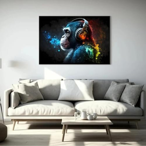 Lustige Bilder, Affe mit Kopfhörern, Leinwand-Kunst, Poster und Wandbilder, bunte Tierbilder, Heimdekoration, 80 x 120 cm, Rahmen