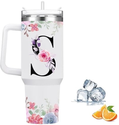 FOLAI Travel Mug,Drink Flasks for Hot & Cold,Stainless Steel Double Wall Vacuum Insulated Coffee Water Bottle, 40oz Tumbler with Straw and Lid Handle,Letter Printed Personalised Gifts(S)