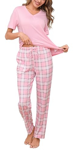 Aseniza Women's Pyjamas Sets Short Sleeve Two Piece Pjs with Pockets | Soft Loose Relaxed Fit Checked Loungewear Sleepwear Nightwear for Ladies